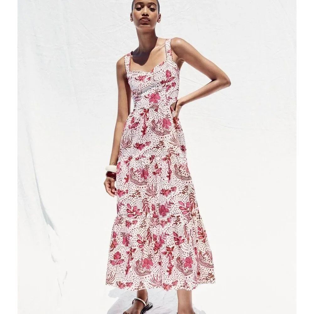 Zara Womens Midi Cut-Out Waist Dress Medium White Floral Printed 3969/221 NWT